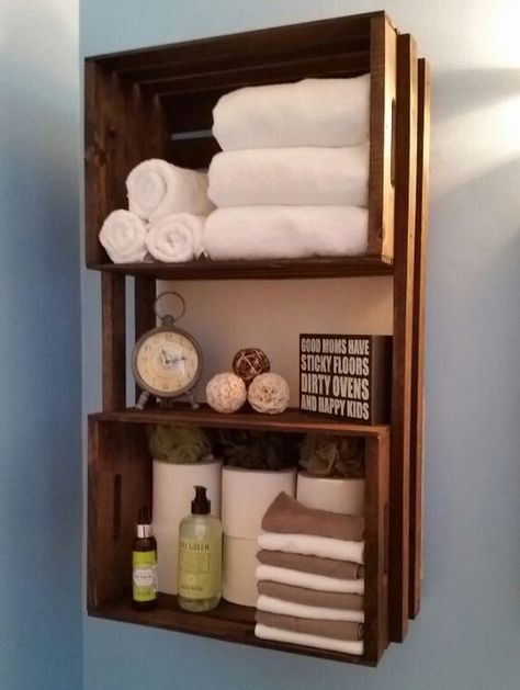 تصميم الطاولة, Bilik Air, Old Wooden Boxes, Crate Shelves, Decor Baie, Diy Casa, غرفة ملابس, Bathroom Organization, Diy Bathroom