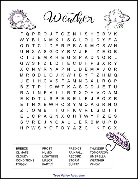 A free printable weather word search for kids with 20 hidden words for kids to find and circle. Medium difficulty level with most words at a grade 5 spelling level. Would make a great supplement to any weather unit. Pdf includes an answer page. Weather Word Search, 5th Grade Spelling Words, Weather Science Activities, Science Word Search, Weather Unit Study, Word Puzzles For Kids, 3rd Grade Words, Winter Worksheets, Word Search For Kids