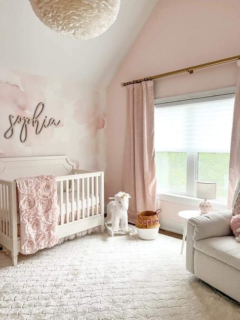 Baby Pink Nursery Ideas, Pink Nursery Aesthetic, Pale Pink Nursery, Girly Nursery Ideas, Pink Nursery Ideas, Light Pink Nursery, Pink Girl Nursery, Pink Nursery Room, Pink Baby Room