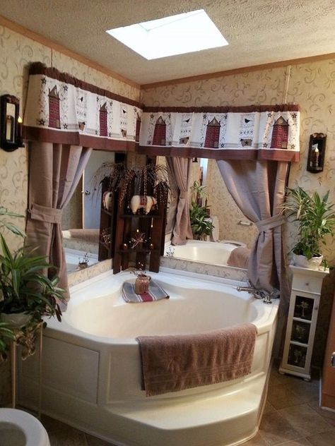 Bathroom Garden Tub Curtain Ideas, Corner Garden Tub Decor Master Bath, Farmhouse Trailer, Garden Tub Decor Master Bath, Tub Decor Master Bath, Garden Tub Decor, Corner Garden Tub, Tub Decor, Primitive Bathroom Decor