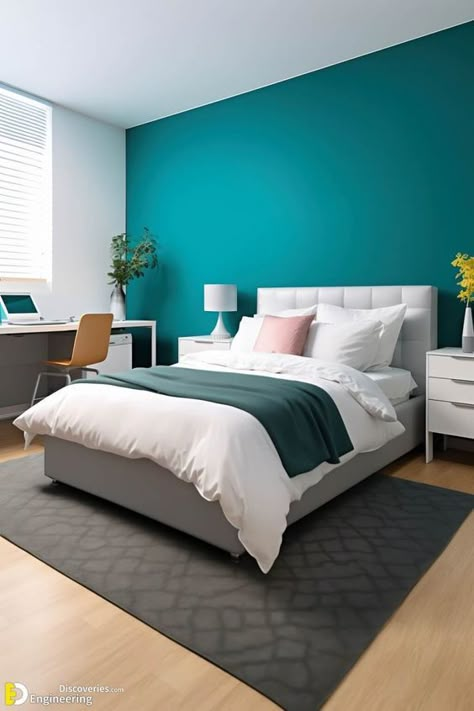 Bedroom Teal Accent Wall, Turquoise Accent Wall Bedroom, Teal Accent Wall Bedroom, Teal Bedroom Designs, Teal Bedroom Decor, Teal Accent Walls, Room Color Combination, Bedroom Turquoise, Wall Color Combination