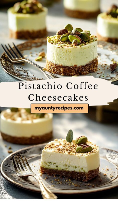 Savor these Nutty Pistachio Coffee Mini Cheesecakes! With a coffee-infused filling and crunchy pistachio topping, this dessert is a unique treat for cheesecake fans looking to try something new. Pistachio Mini Cakes, Pistachio Butter Dessert, Cajeta Desserts, No Bake Pistachio Cheesecake, Unique Deserts, Pistachio Cheesecake Recipe, Unique Cheesecake Recipes, Unique Cheesecake, Espresso Cheesecake