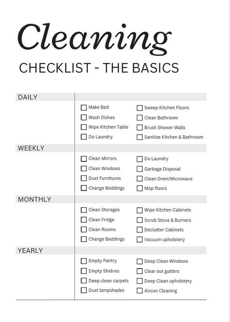 printable cleaning checklist digital download Cleaning List Printable, Cleaning Checklist Template, Room Checklist, Deep Cleaning Checklist, Clean Fridge, Easy Cleaning Hacks, Household Management, How To Clean Mirrors, House Cleaning Checklist