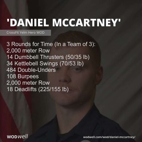 One athlete works at a time. On a running clock, perform the work in the order written. Break up reps among partners any way you choose. Score is the total time it takes to complete the entire workout.  This Hero WOD is dedicated to Pierce County Officer Daniel McCartney who ended his watch on January 8, 2018. He was a police officer for many years, a Navy vet, a coach at CrossFit Yelm (Yelm, WA, USA) and a father of 3. 3 Partner Wod Crossfit, 3 Person Team Crossfit Wod, Team Of 3 Wod Crossfit, Team Wod, Partner Wod, Partner Workouts, Hero Wod, Handstand Push Up, Tuck Jumps