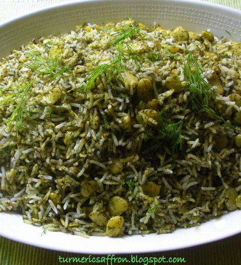 Shevid Baghali Polow - Dill & Lima Beans Rice. i thaw the fava beans,peel them n then fry them in 2 or 3 tbsp of light vegetable oil, continue frying until dry,add 1/2 tsp turmeric and fry for    another minute. set aside..mix with rice,fresh chopped dill .. this will stop the fava from becoming mushy while steaming with rice.this was taught to me by an old chef. Persian Rice, Iranian Recipes, Iranian Cuisine, Persian Cuisine, Iranian Food, Middle Eastern Dishes, Lima Beans, Eastern Cuisine, Persian Food