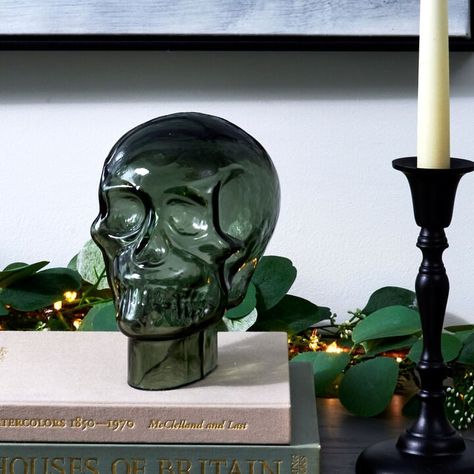 Elvira Glass Skull Sophisticated Halloween Decor, Skills Aesthetic, Drippy Candles, Gothic Noir, String Lights Inside, Macabre Decor, Dresser Diy, Tabletop Shelf, Goth Bedroom