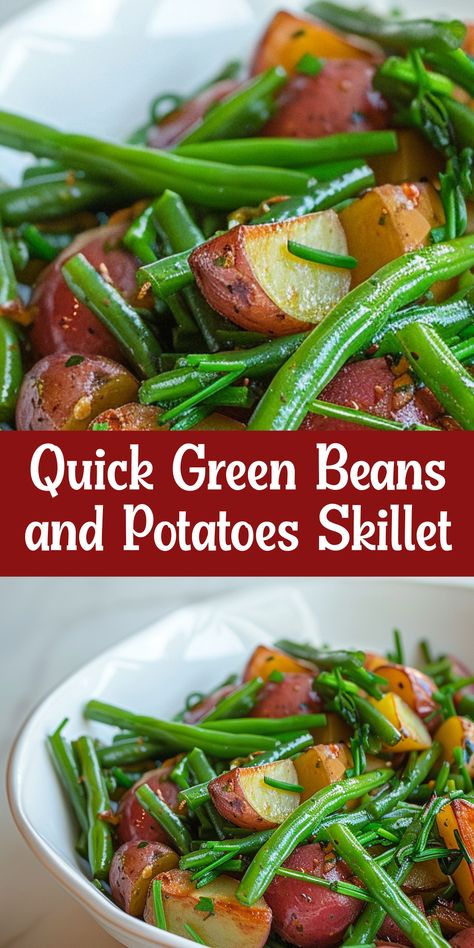 Learn how to make a quick and tasty green beans and potatoes dish in just one skillet. Ideal for busy nights! Fresh Green Beans And New Potatoes, Green Beans And Potatoes Stove Top, Green Bean And Potato Recipe, Quick Green Beans, Green Beans And New Potatoes, Frozen Green Bean Recipes, Beans And Potatoes Recipe, Sausage And Green Beans, Boil Green Beans