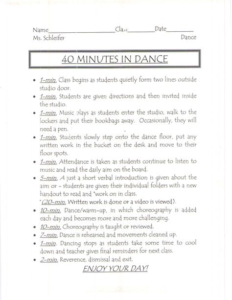 "40 MINUTES IN DANCE" - How to teach a dance class in a 40 minute school period...go! Dance Class Worksheets, Dance Class Schedule, Dance Teacher Lesson Plans, First Day Of Dance Class Ideas, Dance Class Ideas, Dance Worksheets, Dance Vocabulary, Dance Class Games, Dance Classroom