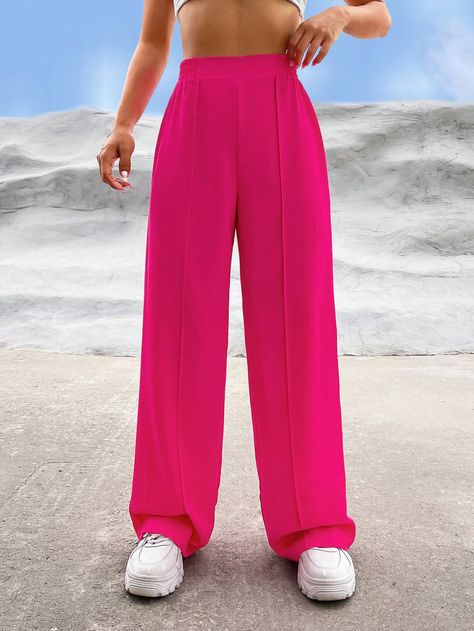 Hot Pink Casual Collar  Woven Fabric Plain Straight Leg Embellished Slight Stretch  Women Clothing Wide Leg Pink Pants Outfit, Hot Pink Trousers Outfit, Outfit Casamiento, Pink Trousers Outfit, Pink Pants Outfit, Palazzo Pants Outfit, Pantalon Rose, Hot Pink Pants, Look Rose