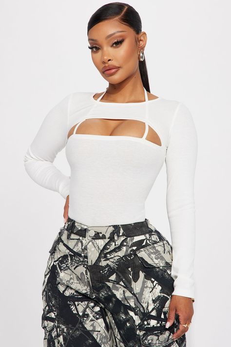 Available In White And Black. Bodysuit Crew Neck Long Sleeve Cut Out Detail Cheeky Bottom Snap Button Closure Ribbed Stretch Final Sale 95% Polyester 5% Spandex Imported | Just Another Day Bodysuit in White size Large by Fashion Nova White Bodysuit Outfit, Swag Fits, Yodit Yemane, Woman Outfit, Fashion Nova Outfits, Body Suit Outfits, Service Women, Ladies Clothes, White Bodysuit