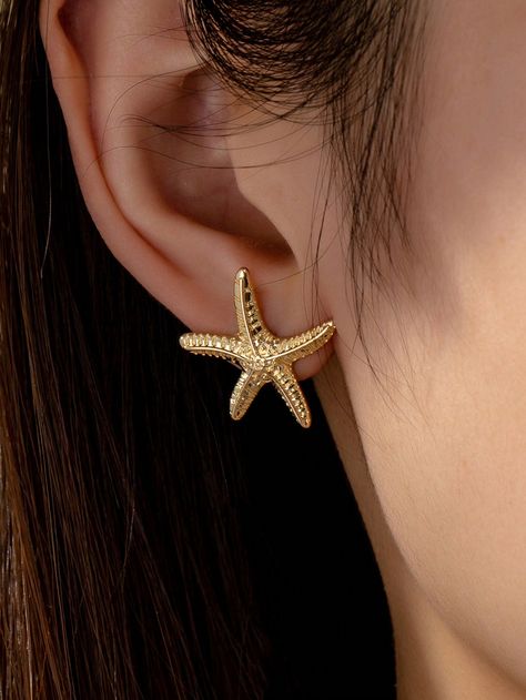 1 Pair Cute Starfish Sea Star Stud Earring For Summer Vocation Beach Style Earring Gold Fashionable   Zinc Alloy     Women Fashion Jewelry, size features are:Bust: ,Length: ,Sleeve Length: Seashell Jewelry Earrings, Sea Accessories Fashion, Sea Star Earrings, Aquamarine Costume, Starfish Accessories, Cute Starfish, Cute Jewellery, Starfish Jewelry, Women Stud Earrings