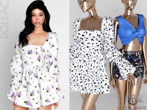 The Sims Resource - Puff Sleeve Floral Print Mini Dress DO0402 Sims 4 Alpha Dress Cc, Sims 4 Tsr, Dress With Gloves, Sims 4 Cc Folder, Sims 4 Dresses, Sims 4 Downloads, Puff Dress, Sims4 Clothes, Sims 1