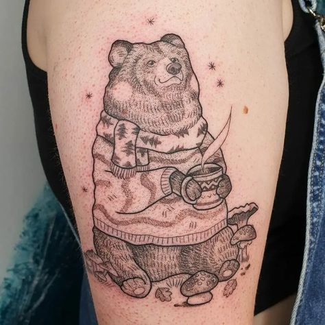 Traditional Bear Tattoo, Camping Tattoo, Wizard Tattoo, Floral Back Tattoos, Care Bear Tattoos, Baby Tattoo Designs, Bear Tattoo Designs, Horoscope Tattoos, Statue Tattoo