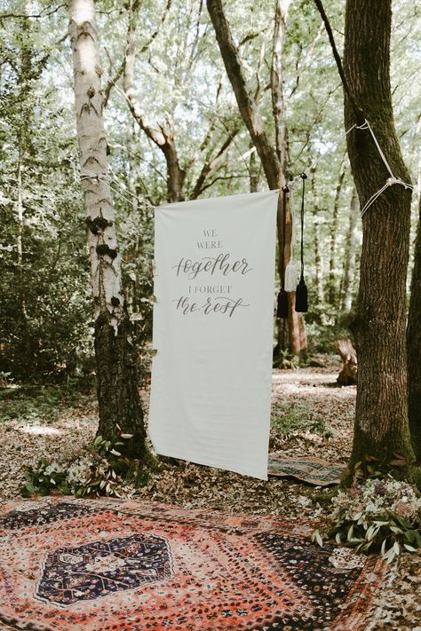 Romantic, calligraphy wedding quote on extra large scale fabric banner. Wedding ceremony backdrop. Calligraphy wedding banner. Fabric wedding sign. Woodland wedding. Large Wedding banner. Elopement. Banners can be made into any size/shape & as each quote is handwritten especially for you, any personalised quote can be included - let’s create your own showstopper together! #woodlandwedding #weddingideas #weddingstyling #elopement #weddinginspiration #weddingsignage #weddingbanner Fabric Signs Wedding, Fabric Wedding Sign, Wedding Tapestry, Wedding Lyrics, Playful Wedding, Romantic Calligraphy, Tropical Wedding Theme, Wedding Quote, Wedding Canvas