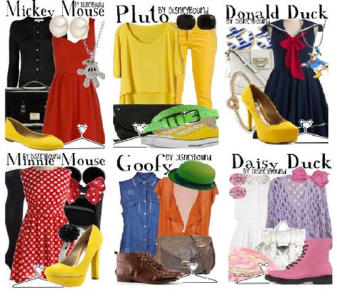 Mickey Mouse, Pluto, Donal Duck, Minnie Mouse, Goofy, Daisy Duck Disney Cosplay Ideas, Disney Character Outfits, Disney Bound Outfits Casual, Disneybound Outfits, Star Outfit, Disney Costume, Disney Dress Up, Disney Princess Outfits, Disney Themed Outfits