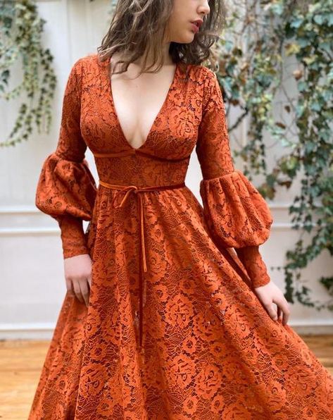 Teuta Matoshi | Orange #teutamatoshi #fashion #moda #dress #vestido #gown Prom Dresses Long Puffy, Autumn Gown, Long Lace Prom Dresses, Goddess Prom Dress, Teuta Matoshi, Long Puffy Sleeves, Orange Bridesmaid, Wedding Dresses Lace Ballgown, Lace Prom Dresses