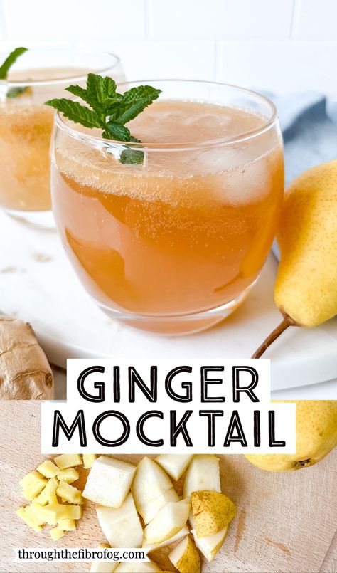 labelled ginger mocktail in two glasses next to pears, and diced pears and ginger on a wooden chopping board. Ginger Mocktail Non Alcoholic, Indian Mocktails Non Alcoholic, Ginger Mocktail Recipes, Pear Drinks Nonalcoholic, Functional Mocktails, Drinks Easy To Make, Summer Drinks Easy, Pear Mocktail, Vegan Mocktail