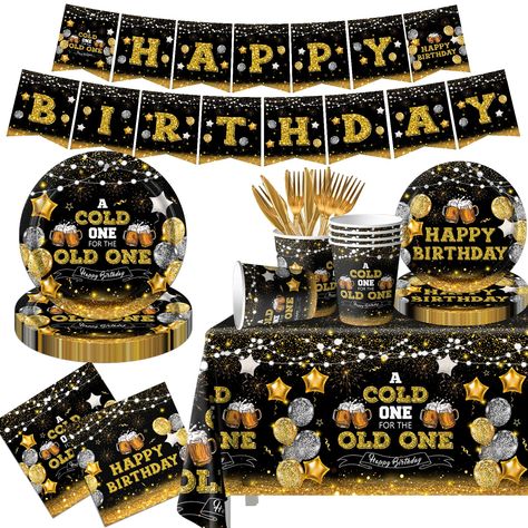 PRICES MAY VARY. 【Beer Theme】Our beer birthday party decorations for men feature cheers to beers and gold and silver balloons, that is embellished with gold letters “A COLD ONE FOR THE OLD ONE” “HAPPY BIRTHDAY”. Fantastic design creates a cheerful atmosphere for beer theme birthday party. 【Serve 20 Guests】142pcs cheers and beers party decorations man include 20 dinner plates (9"), 20 dessert plates (7"), 40 square napkins (6.5" folded), 20 cheers cups, 20 knives, 20 forks, 1 rectangle tablecloth Beer Party Decorations For Men, Beer Birthday Party Decorations, Beer Themed Birthday Party, Beer Party Decorations, Beer Birthday Party, Black And Gold Party Decorations, Black And Gold Party, Birthday Plates, Plastic Knife