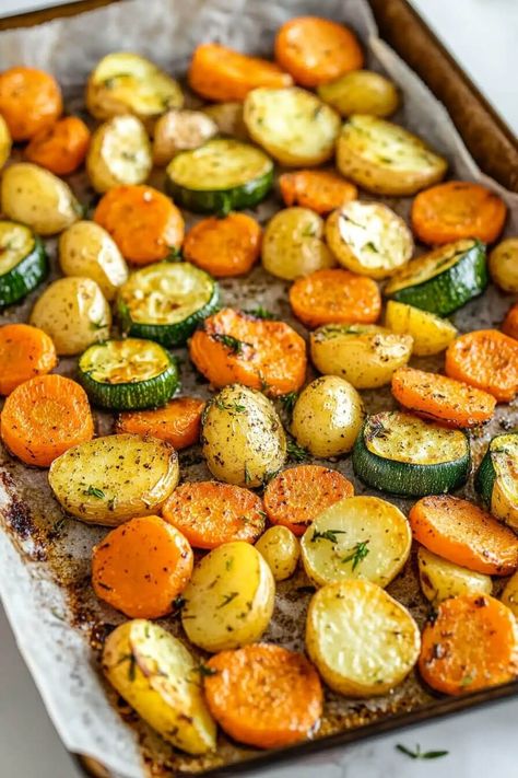 Garlic Herb Roasted Potatoes Carrots and Zucchini Garlic Herb Roasted Potatoes, Roasted Potatoes Carrots, Carrots And Zucchini, Sweet Carrots, Roasted Potatoes And Carrots, Herb Roasted Potatoes, Roast Zucchini, Sweet Carrot, Roasted Vegetable Recipes