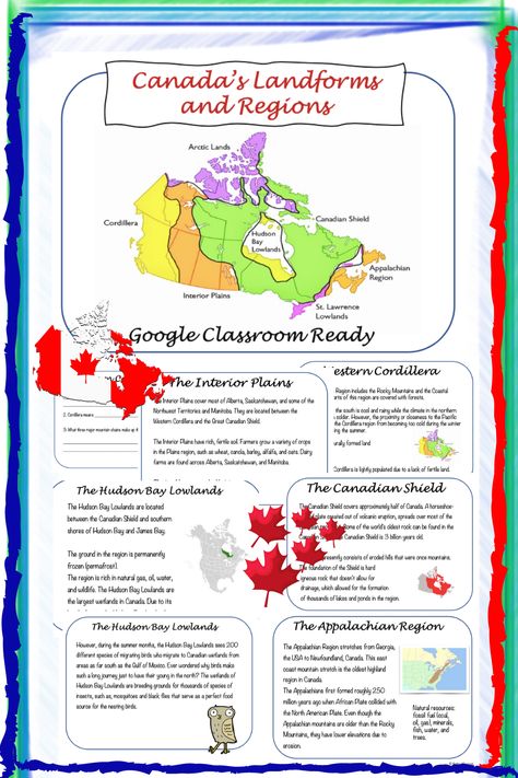 Canadian Land-forms and Regions Social Studies and Science lesson plan is perfect fore taching about Western Cordillera, Interior Plains, Canadian Shield, Appalachians, Hudson Bay Lowlands – Arctic, Great Lakes – St. Lawrence Lowlands and Innuitian Mountains. Canadian Social Studies, Canadian Shield, Social Studies Lesson Plans, Map Activities, Science Lesson, Social Studies Elementary, Elementary School Classroom, Science Lesson Plans, English Worksheets For Kids