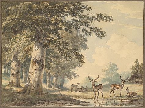 Hendrik Gerrit ten Cate (Dutch, 1803–1856). Deer under Beech Trees in Winter, mid 19th century. The Metropolitan Museum of Art, New York. Frits and Rita Markus Fund, 2012 (2012.372) Trees In Winter, Beech Trees, Art To Print, Public Domain Art, Printable Vintage Art, Deer Painting, Woodland Art, Tiny Art, Vintage Deer