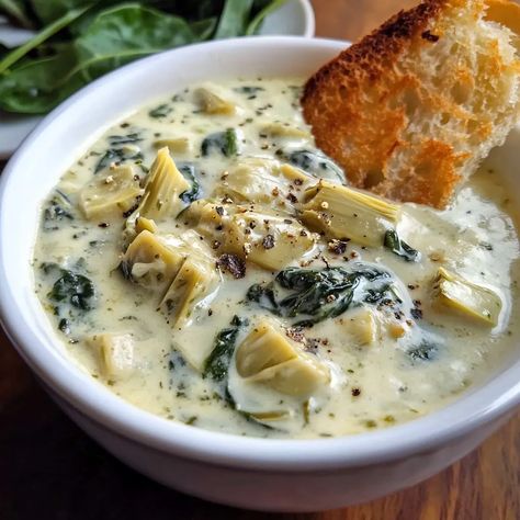 Creamy Chicken Artichoke Soup, Stuffed Artichoke Soup, Artichoke Soup Recipes, Spinach Chicken Soup, Spinach Artichoke Soup, Spinach Artichoke Recipes, Cream Of Spinach Soup, Spinach Soup Recipe, Artichoke Soup