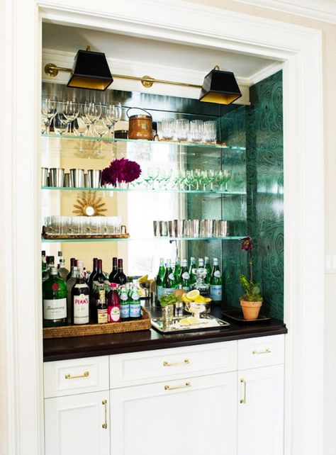 From bar tools to bitters to styling ideas, here’s everything you need for a beautiful, functional bar. Closet Conversion, Bar Nook, Glass Shelves In Bathroom, Glass Shelves Kitchen, Floating Glass Shelves, Closet Bar, Home Bar Rooms, Diy Home Bar, Indoor Bar