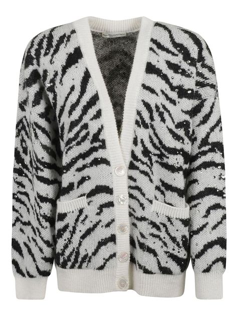 White/black wool-mohair blend zebra knit cardigan from ALESSANDRA RICH featuring two front patch pockets, zebra print, ribbed detailing, V-neck, front button fastening and long sleeves.Gender: WomenMaterial: WOOL 100%Color: BrownMade in: ITProduct ID: FAB3123K37609001*Import tax/duty will be calculated at checkout (If applicable) Pattern Cardigan, Alessandra Rich, Zebra Pattern, Rich Women, White Cardigan, Brown Sweater, Knitwear Cardigan, Kpop Fashion, Wool Cardigan