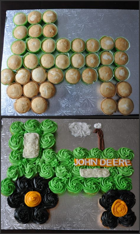 John Deere Tractor Cupcake Cake | Pretty My Party Tractor Birthday Party Ideas, Tractor Cupcake Cake, Tractor Cupcakes, John Deere Birthday Party, John Deere Birthday, Tractor Cake, Tractor Birthday Party, Pull Apart Cupcake Cake, Pull Apart Cake