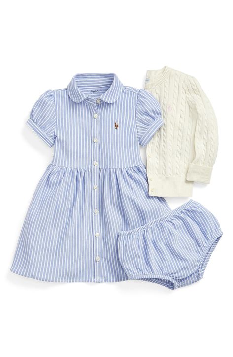 An adorable layer for baby to wear all year 'round, this crewneck cardigan is knit from supersoft combed cotton in a classic cable pattern. Front button closure 100% cotton Machine wash, tumble dry Imported Ralph Lauren Baby Girl, Cable Cardigan, Girls Stripes, Ralph Lauren Dress, Cable Knit Cardigan, Baby Sweaters, Striped Knit, Baby Sets