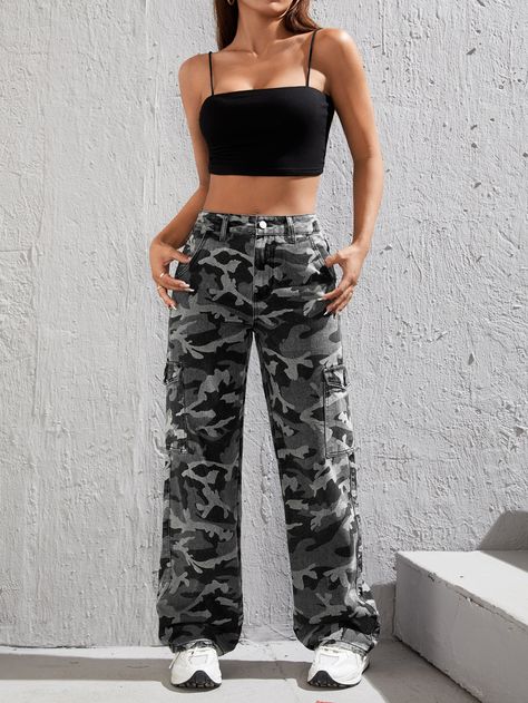 Grey Casual Collar  Denim Camo Wide Leg Embellished Non-Stretch  Women Clothing High Waisted Camo Pants, Collage Outfits Casual, Black Camo Pants, Camouflage Jeans, Camouflage Cargo Pants, Camo Jeans, Hippie Clothes, Comfy Jeans, Trendy Denim