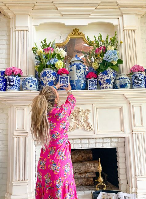 Shop Sue Sartor Flounce™️ and other curated products on LTK, the easiest way to shop everything from your favorite creators. Blue White Pink Living Room, Blue And White Vase With Pink Flowers, Chinoiserie Mantel Decor, Pink Home Accents, Chinoiserie Floral Arrangement, Blue And White Chinoiserie Decor, Chinoiserie Chic Living Room, Chinoiserie Upholstery Fabric, Chinoiserie Living Room