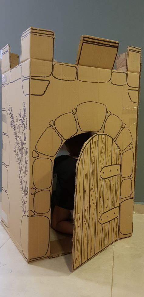 Cardboard Fort Ideas, Cardboard Castle For Kids, Cardboard Castle Diy, Castle Cardboard, Cardboard Fort, Cardboard Box Castle, Cardboard Box Fort, Cardboard Forts, Kingdom Vbs