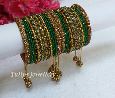 Bangles For Lehenga, Bridal Bangle Set Indian, Green Bangles Set, Colourful Bangles, Green Bangles, Fabric Bangles, Bangle Stack, Silk Thread Bangles Design, Designer Bangles