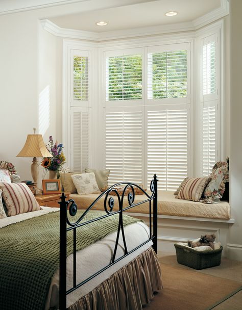 We can deliver our stunning faux shutters to your local Luxaflex dealer within two weeks. Perfect for pre-Christmas DIY. #Luxaflex #Shutters #InteriorShutters                                                                                                                                                                                 More Shuttered Windows, Bay Window Treatments, White Shutters, Interior Window Shutters, Living Room Blinds, Bedroom Blinds, Window Treatments Bedroom, Interior Shutters, Victorian Bathroom