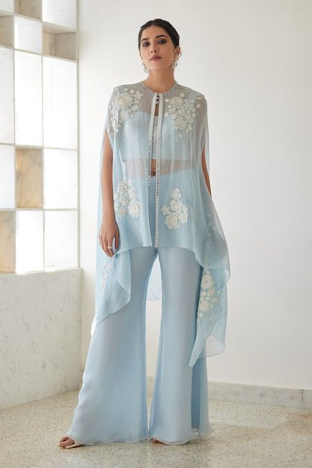 Buy Mishru Blue Floral Bunch Embroidered Cape And Pant Set Online | Aza Fashions Design Kurta, Trendy Outfits Indian, Indian Dresses Traditional, Traditional Indian Outfits, Party Kleidung, Designer Party Wear Dresses, Designer Dresses Casual, Boutique Dress Designs, Stylish Party Dresses