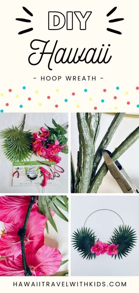 Image collage of silk flowers and leaves with a Hawaiian flower wreath Hawaiian Christmas Wreath, Hawaiian Luau Decorations, Flower Wreath Tutorial, Backyard Luau, Hawaiian Decorations, Hawaiian Wreath, Moana Decorations, Tropical Decorations, Hawaii Crafts