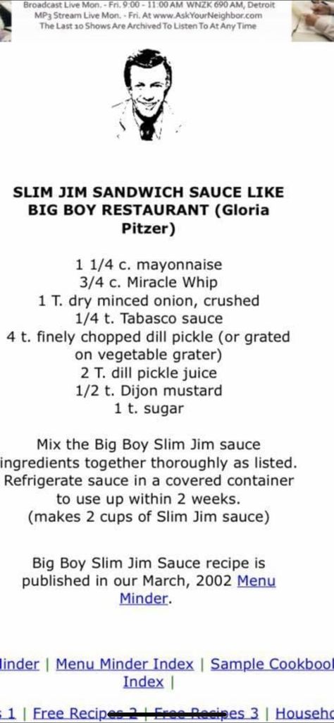 Big Boy Slim Jim Recipe, Copycat Bbq Sauce Recipe, Big Boy Sauce Recipe, Slim Jim Sandwich, Big Boy Restaurants, Sandwich Sauces, Sandwich Ideas, Slim Jim, Slim Jims