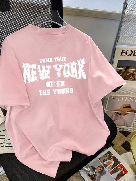 Pink Casual Collar Short Sleeve Knitted Fabric Letter,Slogan  Embellished Slight Stretch Summer Teen Girls Clothing Cute Oversized Shirts Summer, Rome Clothes, Cute Oversized Shirts, Pink Oversized Shirt, Preppy Shirts, Pink T Shirts, Oversize Tshirt Outfits, Summer Teen