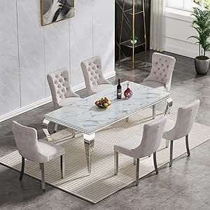 7 Piece Dining Table Set for 6, White Faux Marble Dining Room Table and 6 Velvet Upholstered Dining Chairs w/ Stainless Steel Legs, Rectangle Kitchen Table and Chairs Set for 6 (Beige&Silver legs) Steel Dining Chairs, Luxury Chairs, 4 Dining Chairs, Contemporary Dining Chairs, Marble Dining, Luxury Dining, Table Chair, Chair Upholstery, Chair Style