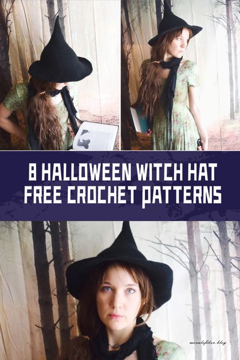 8 Halloween Witch Hat Crochet Patterns - FREE - iGOODideas.com Crochet Witch Hat Pattern Free Easy, Witches Hat Crochet, Witch Hat Crochet, Crochet Halloween Hat, Crochet Witch Hat, Hat Crochet Patterns, Cat Hat Pattern, Crochet Witch, Crochet Wear