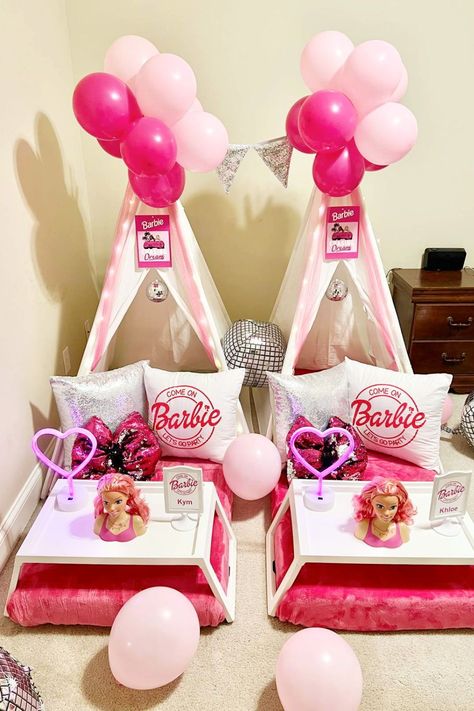 Take a look at this amazing Barbie sleepover! The teepees are fab! See more party ideas and share yours at CatchMyParty.com Barbie Sleepover Tents, Barbie Teepee Sleepover, Barbie Tent Party, Barbie Slumber Party Ideas, Sleepover Barbie, Barbie Sleepover Party, Barbie Slumber Party, Barbie Tent, Sleepover Birthday Party Ideas