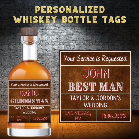 Personalized Whiskey Bottle Label, Groomsmen Proposal Label, Best Man Gift, Bridesmaid Proposal Gift, Man of Honor Gift, Custom Liquor Label by LeoraPrintAtelier on Etsy Whiskey Bottle Labels, Liquor Label, Man Of Honor, Man Of Honour, Best Man Gift, Personalized Whiskey, Bottle Tags, Groomsmen Proposal, Bridesmaid Proposal Gifts