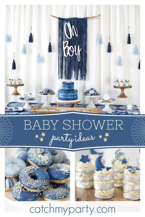 Feast your eyes on this stunning rustic blue baby shower! The donuts are wonderful! See more party ideas and share yours at CatchMyParty.com #catchmyparty #partyideas #boybabyshower #rusticbabyshower Baby Shower Ideas For Girls Themes, Boy Shower Themes, Baby Boy Sprinkle, Baby Shower Garcon, Girl Shower Themes, Babyshower Party, Baby Shower Candy Bar, Baby Boy Shower Party, Idee Babyshower