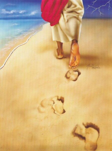 Huellas en la arena - El Tren de la Vida Footprints In The Sand Poem, Walking By Faith, Footprints In The Sand, Spiritual Paintings, Jesus Artwork, Black Jesus, Prophetic Art, Jesus Painting, Jesus Christ Images