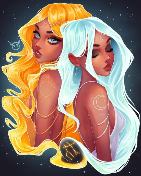 Gemini Character Design, Gemini Art Illustrations, Gemini Drawings, Gemini Drawing Zodiac Art, Gemini Drawing, Business Drawing, Gemini Color, Gemini Art, Gemini Girl