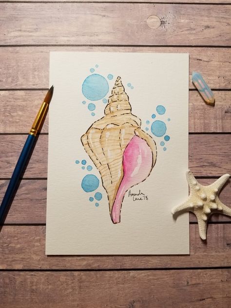 How To Draw A Conch Shell, Conch Shell Watercolor, Simple Shell Painting, Beach Colored Pencil Drawing, Sea Shell Watercolor Paintings, Watercolor Drawings Easy, Seashell Painting On Canvas, Shell Watercolor Painting, Beach Watercolor Paintings Simple