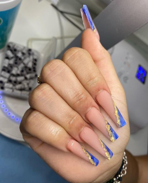 White Blue Gold Nails, Blue And Gold French Tip Nails, Royal Blue Marble Nails, Light Blue And Gold Nails, Gold And Blue Nails, White Nails With Gold, Gold Acrylic Nails, Blue Acrylic Nails, Nails Design With Rhinestones