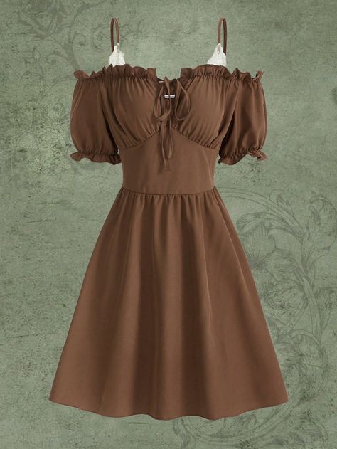 Brown Dress Aesthetic, Brown Clothes Aesthetic, Vintage Brown Dress, Brown Dresses Casual, Grunge Dresses, Romwe Dress, Body Con Dress Outfit, Cottagecore Clothes, Lace Trim Dress