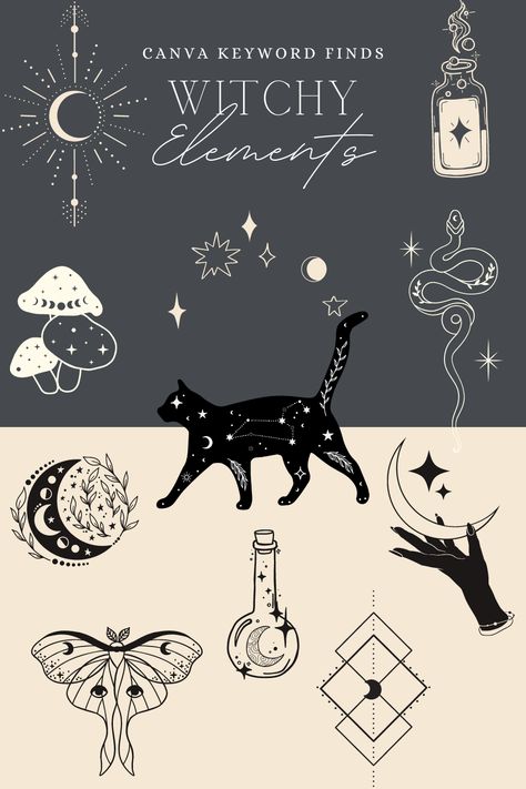 Witchy Fonts Canva, Witchy Canva Elements, Witchy Designs Simple, Witchy Branding Design, Witchy Website Design, Witchy Graphic Design, Witchy Logos, Witchy Fonts, Canva Poster Ideas